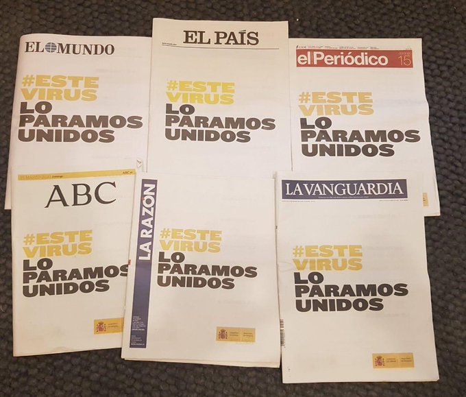 Diarios españoles publican la misma portada con la frase #EsteVirusLoParamosUnidos para prevenir el Covid-19