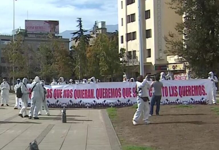 Con overoles y mascarillas: Tres grupos se manifestaron en Plaza Italia