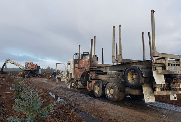 Ataque incendiario en Arauco deja dos camiones y maquinaria forestal quemada