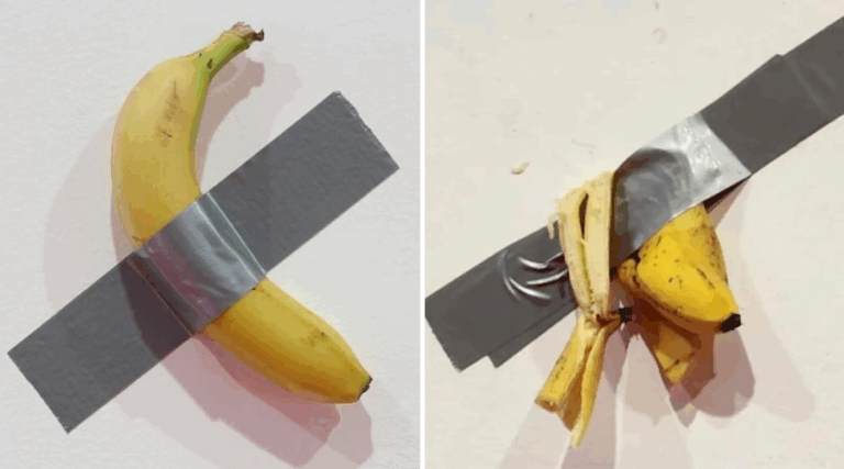 Estudiante se come la obra de arte de un plátano pegado con cinta adhesiva a la pared porque 