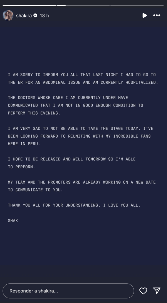 Mensaje de Shakira a través de sus historias de Instagram | Instagram