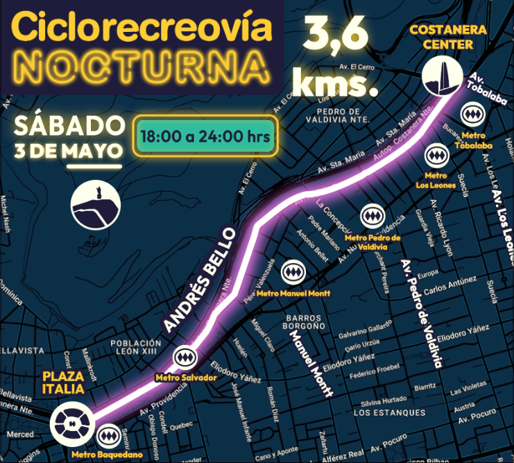 Recorrido de la ciclorecreovía nocturna/CicloRecreoVía