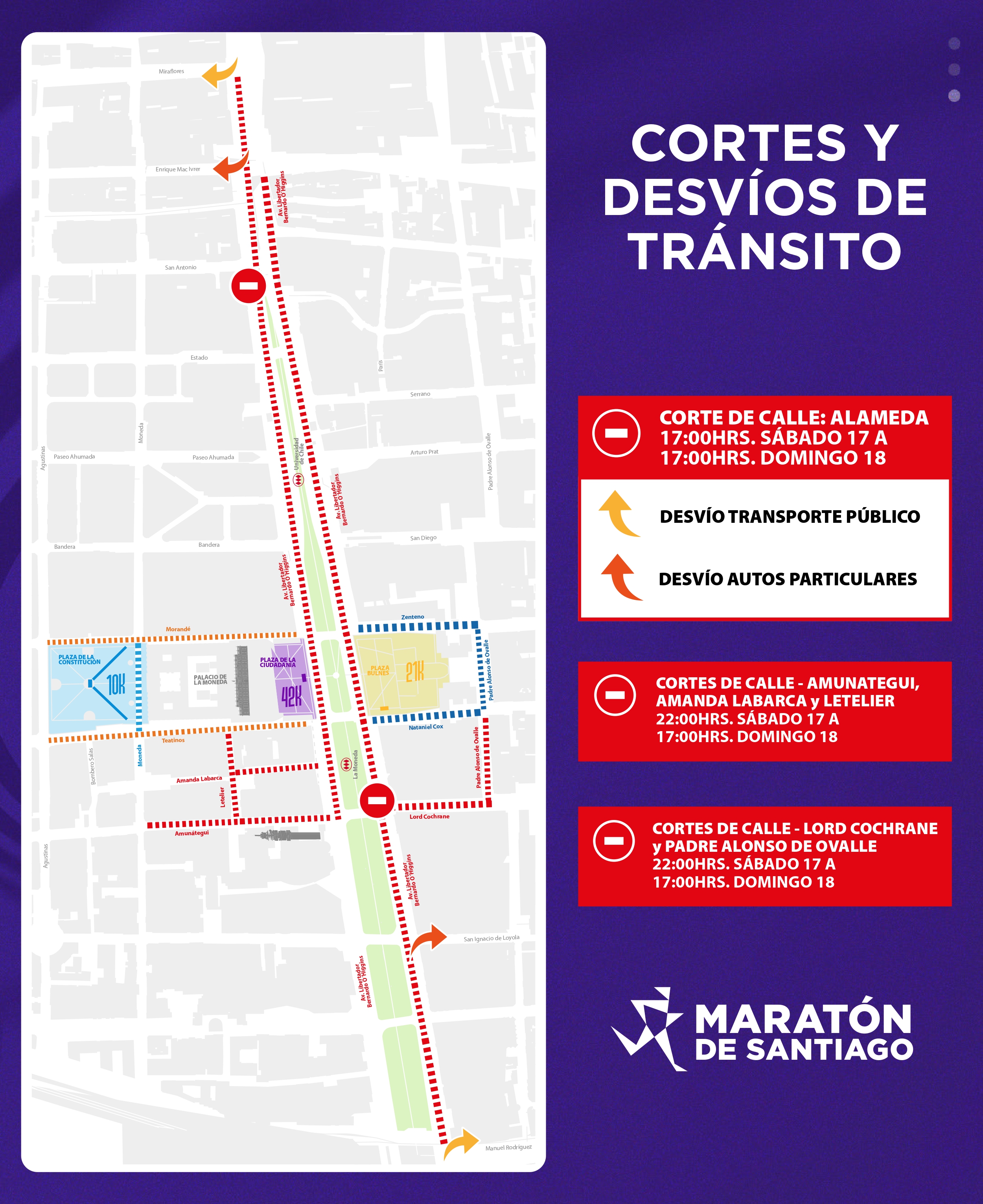 Desvíos de tránsito por la Maratón de Santiago/Municipalidad de Santiago