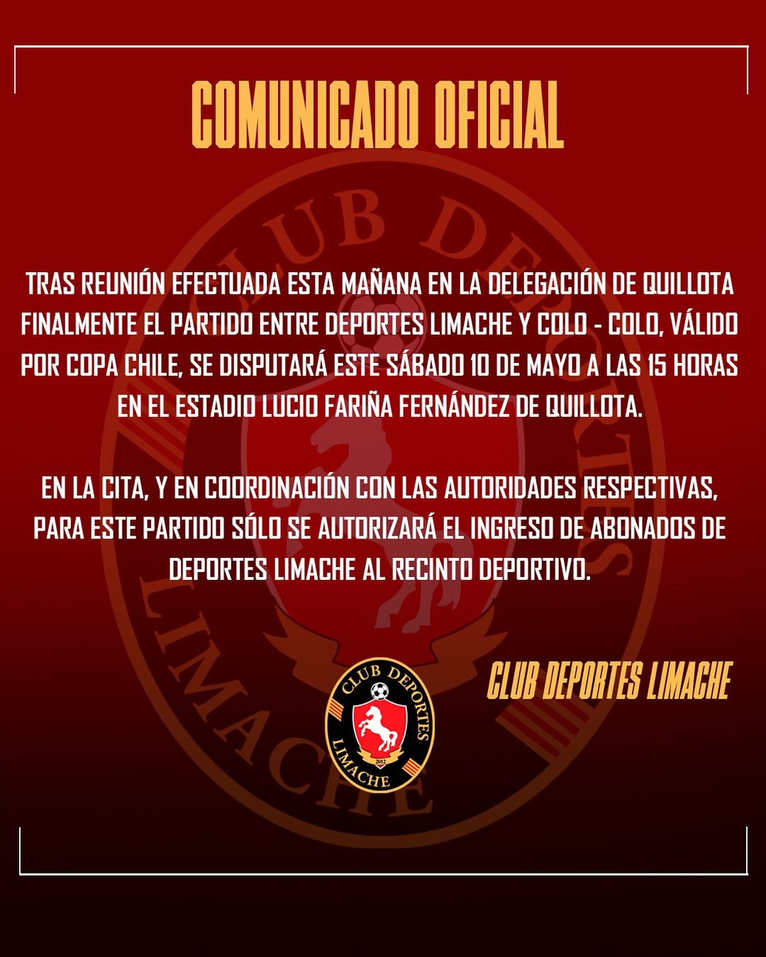 Autoridades disponen 300 entradas para abonados de Limache en el partido contra Colo Colo