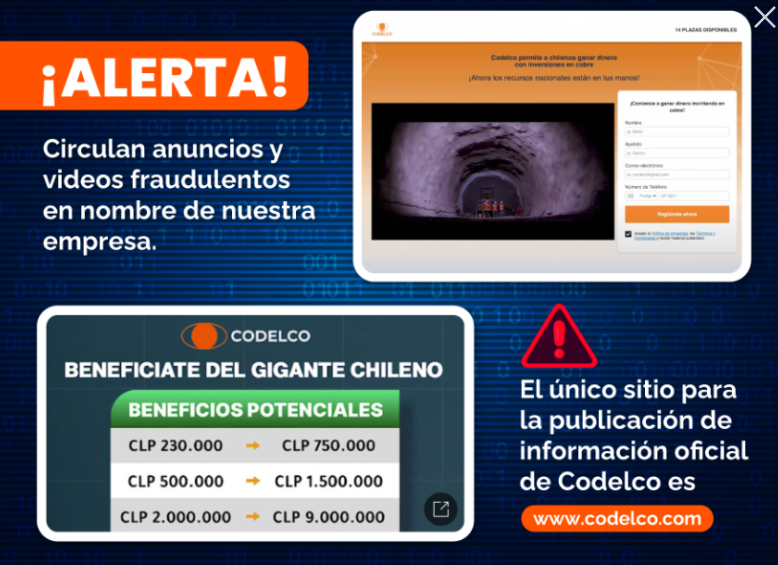 Codelco alerta por anuncios y videos fraudulentos que utilizan su nombre/Codelco