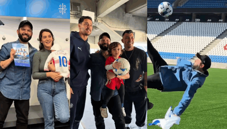 Presidente Boric visita el Claro Arena de la UC junto a su familia y se luce con una inesperada chilena en la cancha