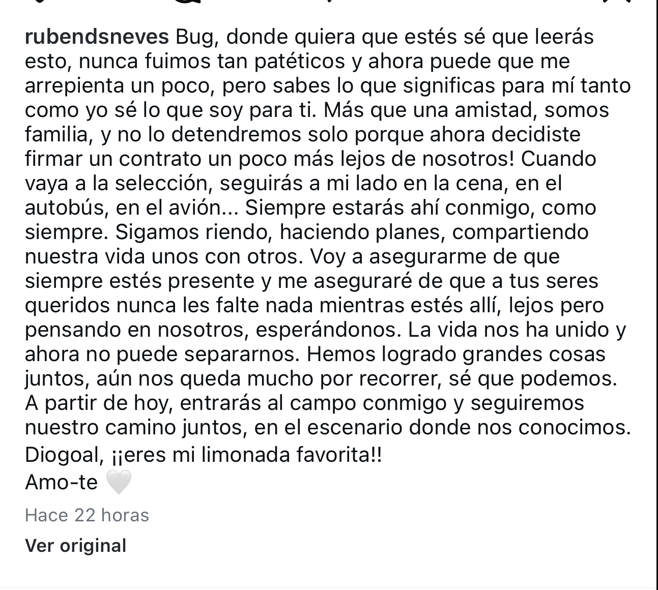 El mensaje de Rubén Neves a Diogo Jota/Instagram