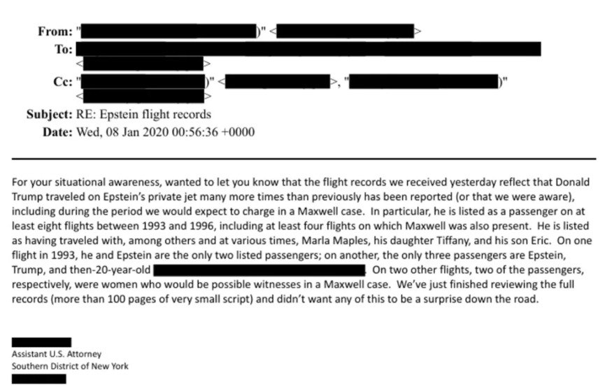 Correo electrónico escrito por un fiscal adjunto de Estados Unidos del Distrito Sur de Nueva York, con fecha del 8 de enero de 2020. Departamento de Justicia.