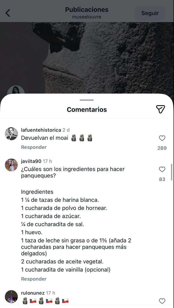 Chilenos dejan recetas instagram del Louvre por post de moai/Captura