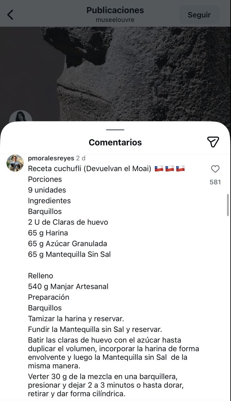 Chilenos dejan recetas instagram del Louvre por post de moai/Captura