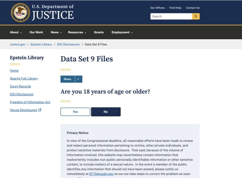 En el sitio web del Departamento de Justicia de EE.UU. aparece una solicitud de verificación de edad antes de conceder acceso a los archivos del Conjunto de Datos 9 de la Biblioteca Epstein, que contienen registros publicados conforme a las divulgaciones del Departamento de Justicia/Departamento de Justicia de EE. UU.